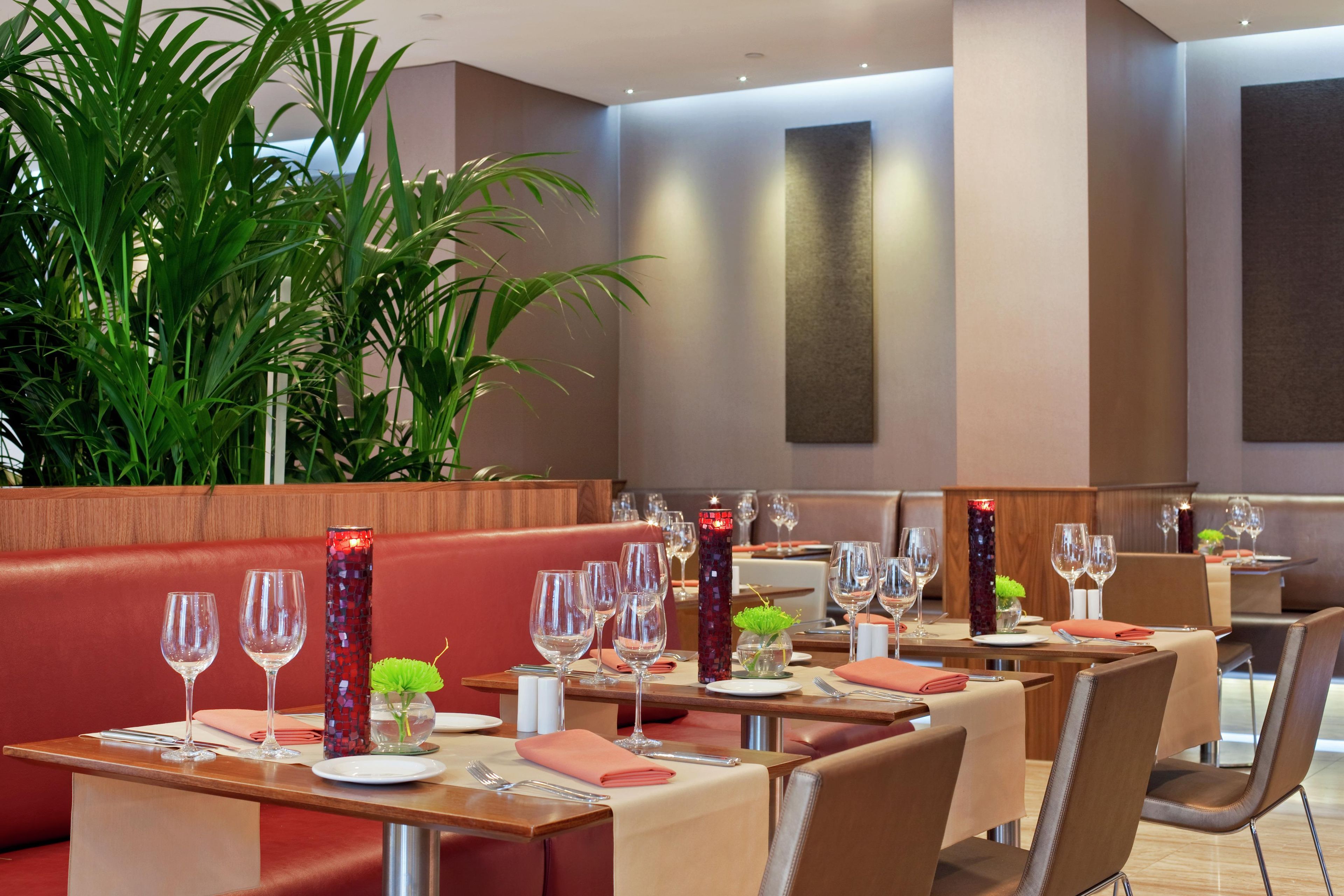 A restaurant with booths, tables, and a large potted plant.