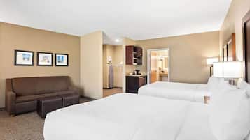 Habitación de hotel con dos camas, un sofá, un escritorio y un espejo.