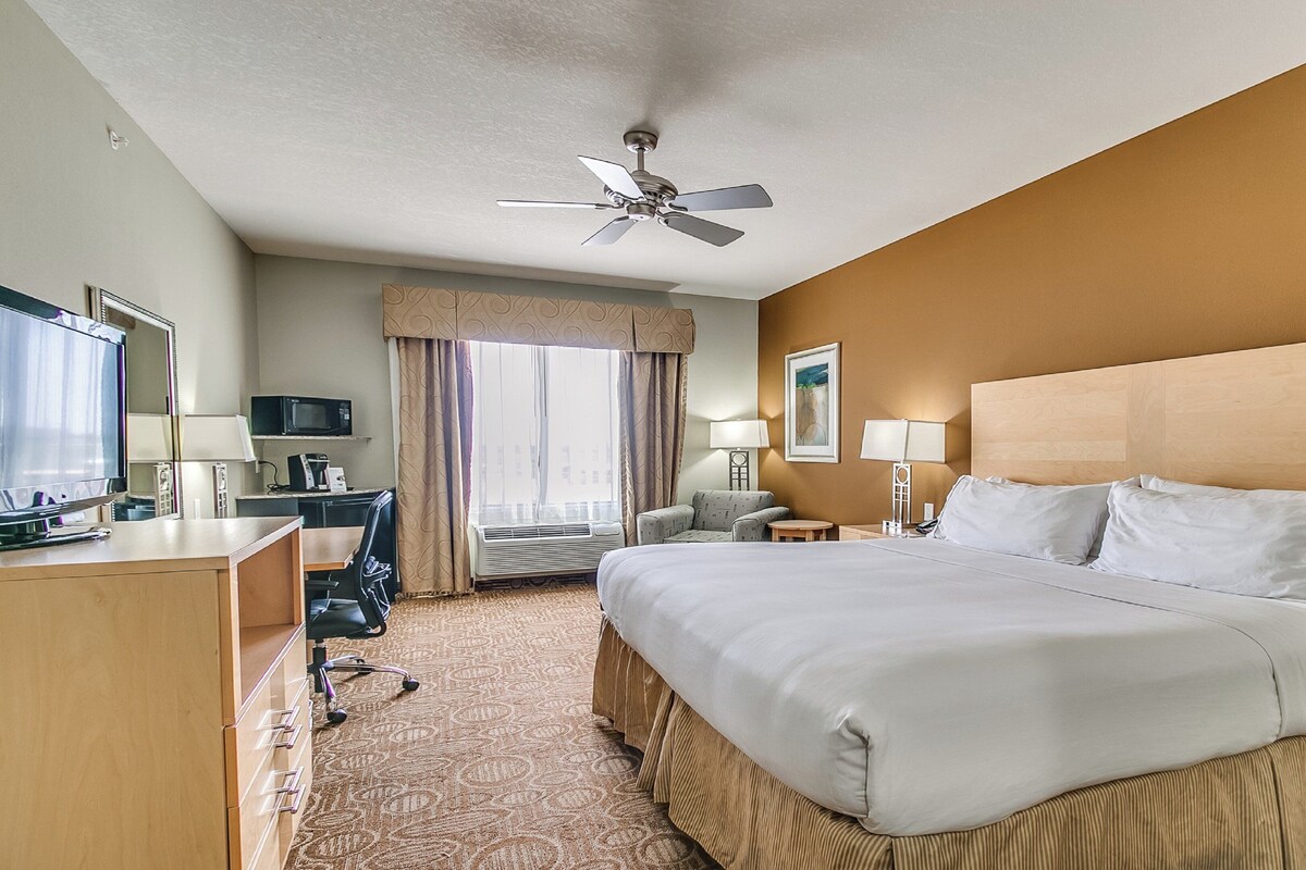 A hotel room with a bed, desk, chair, and a ceiling fan.