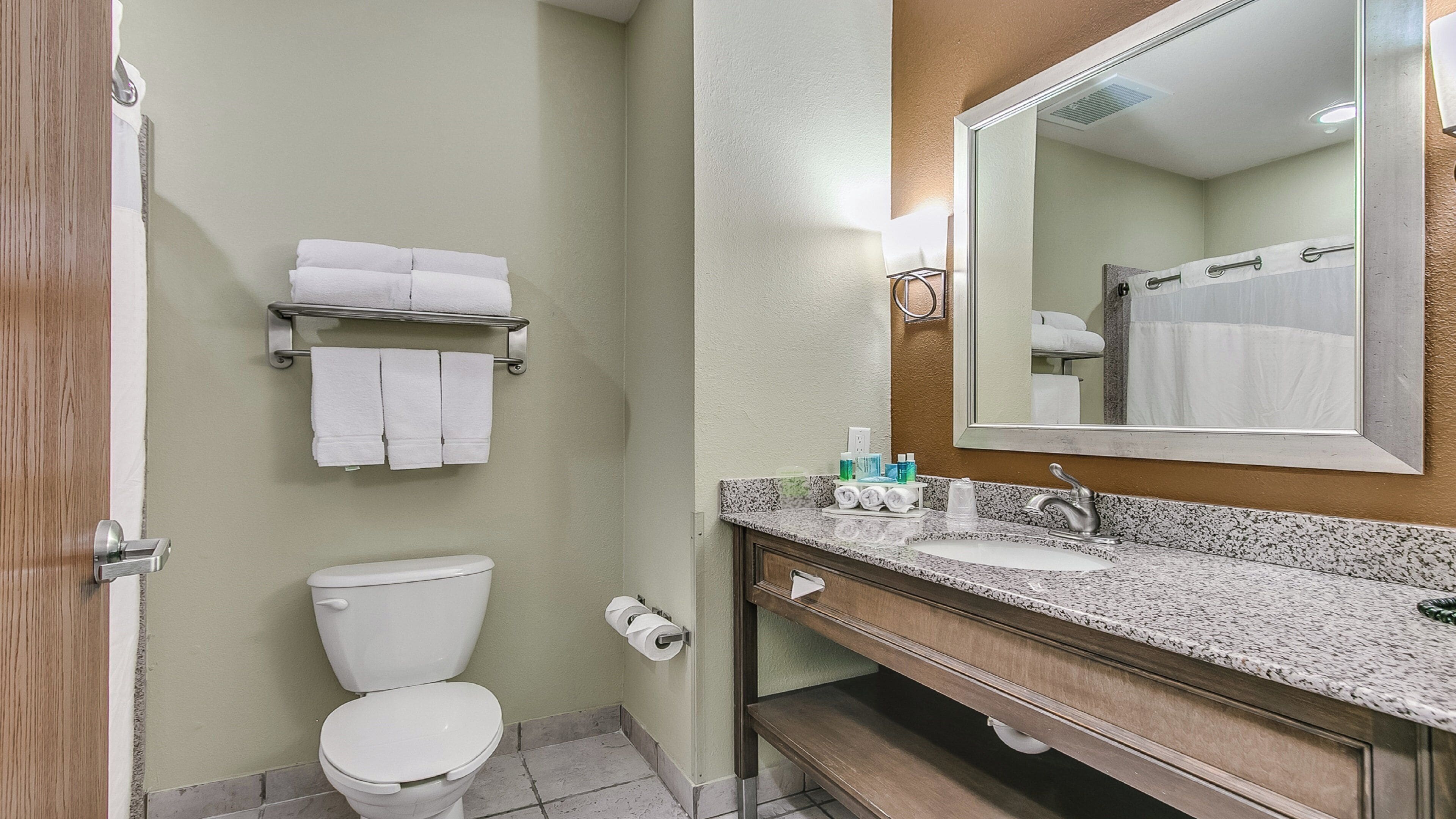 Un bagno d'albergo con servizi igienici, lavandino, specchio e porta asciugamani.
