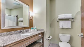 Une salle de bain équipée d’un lavabo, d’un miroir, de toilettes et d’un porte-serviettes.