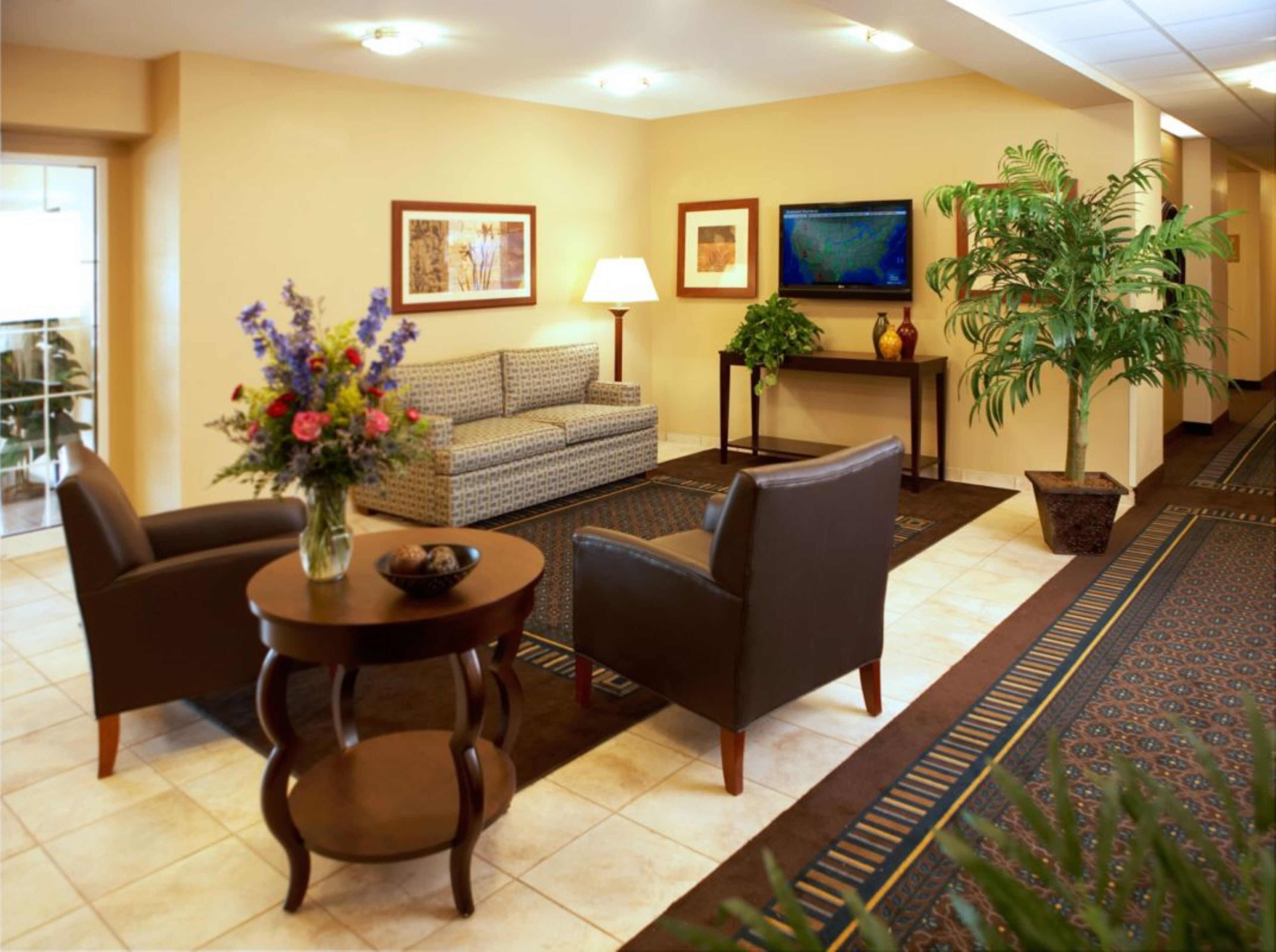 Een hotel lobby met een bank, fauteuils, een salontafel, een televisie en een kamerplant.