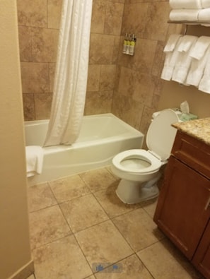 Een badkamer met een bad, toilet en een handdoekrek met handdoeken.