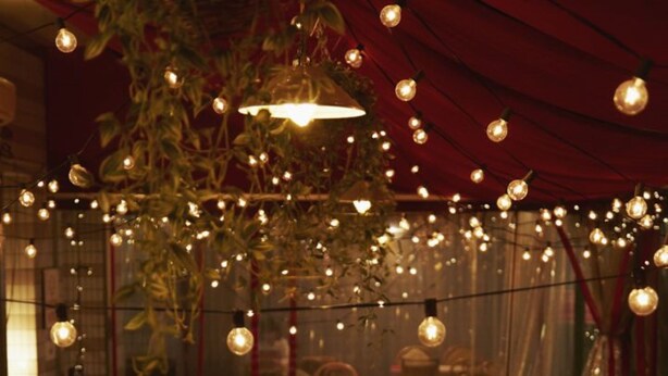 An indoor dining area with tables and chairs, string lights, and hanging plants. - Sakura Hotel Ikebukuro - Hostel (Tokyo)