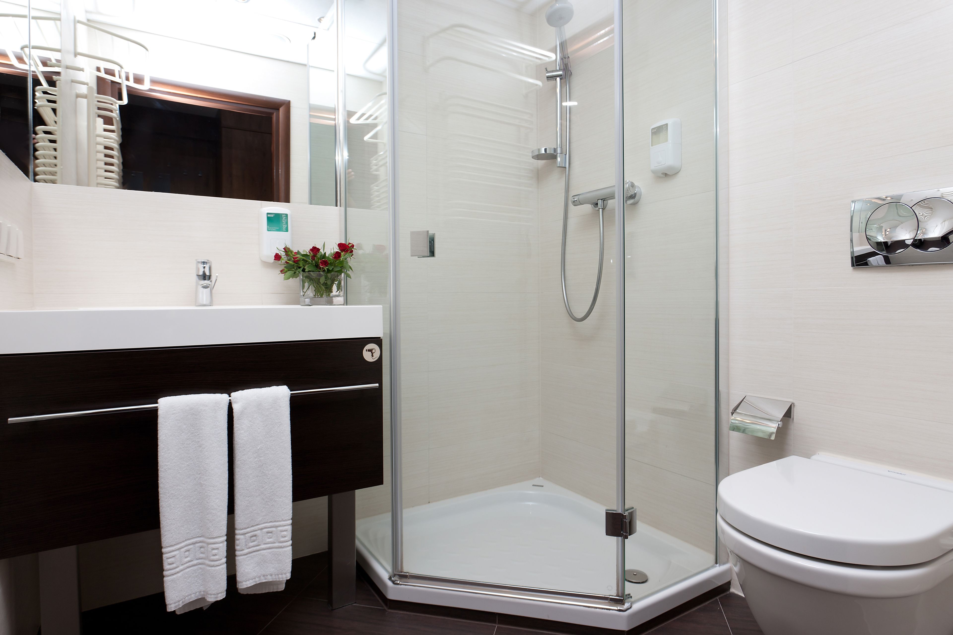 shower, free toiletries, hair dryer, towels