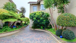 Una calle residencial con casas, un camino de entrada pavimentado y diversas plantas y árboles.