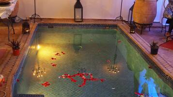 Outdoor pool, pool umbrellas, pool loungers