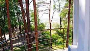 Un balcon avec une balustrade en métal, une petite table ronde et une vue sur les arbres et la verdure.