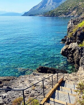A coastal view with clear blue water, rocky cliffs, and a wooden staircase leading down to the water.