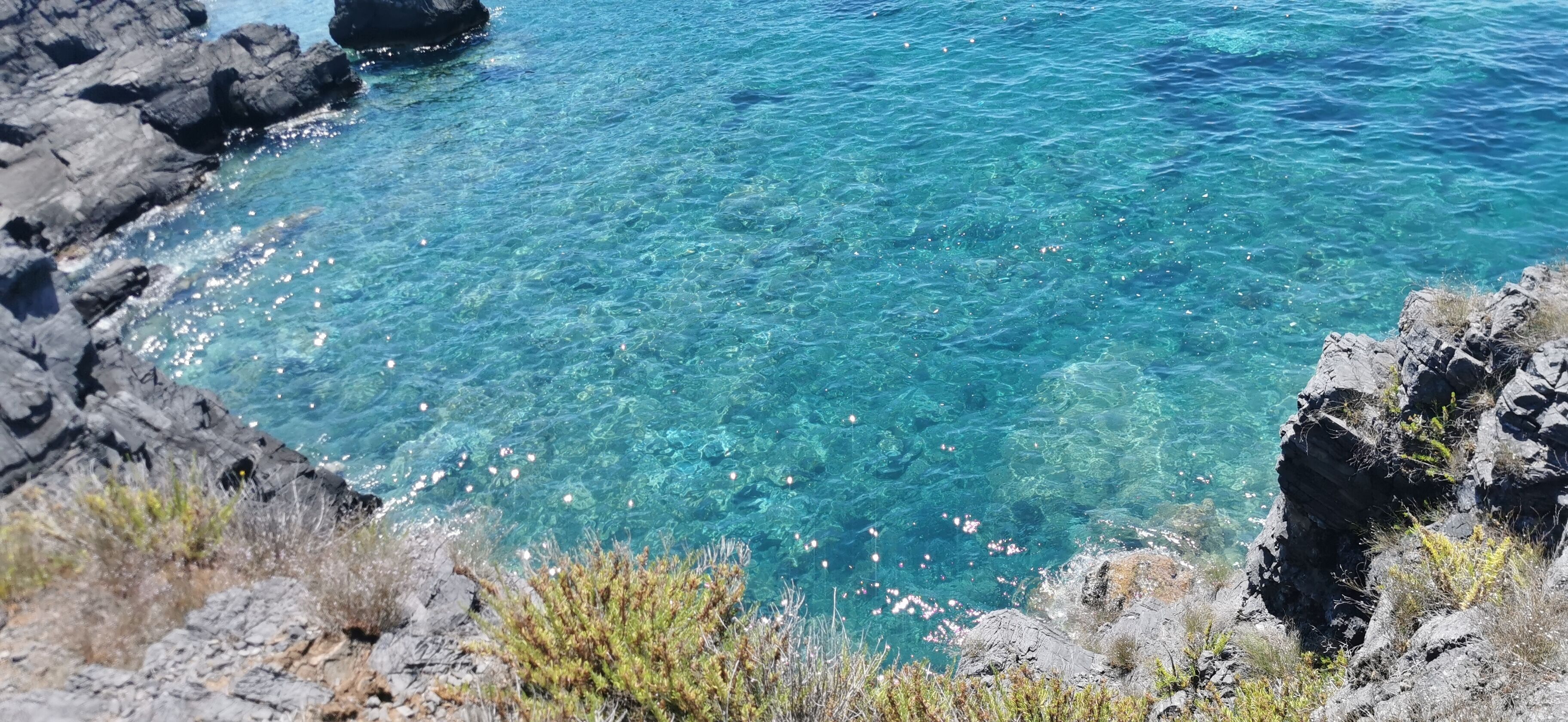 Vista sulla costa con acqua turchese cristallina, litorale roccioso e vegetazione rada.