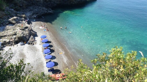 A beach with clear turquoise water, rocky cliffs, and a row of blue umbrellas. - Hotel Murmann (Maratea)