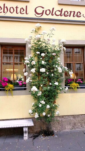 A building with a sign reading "Hotel Goldene". - Boutiquehotel Goldene Rose (Rothenburg ob der Tauber)