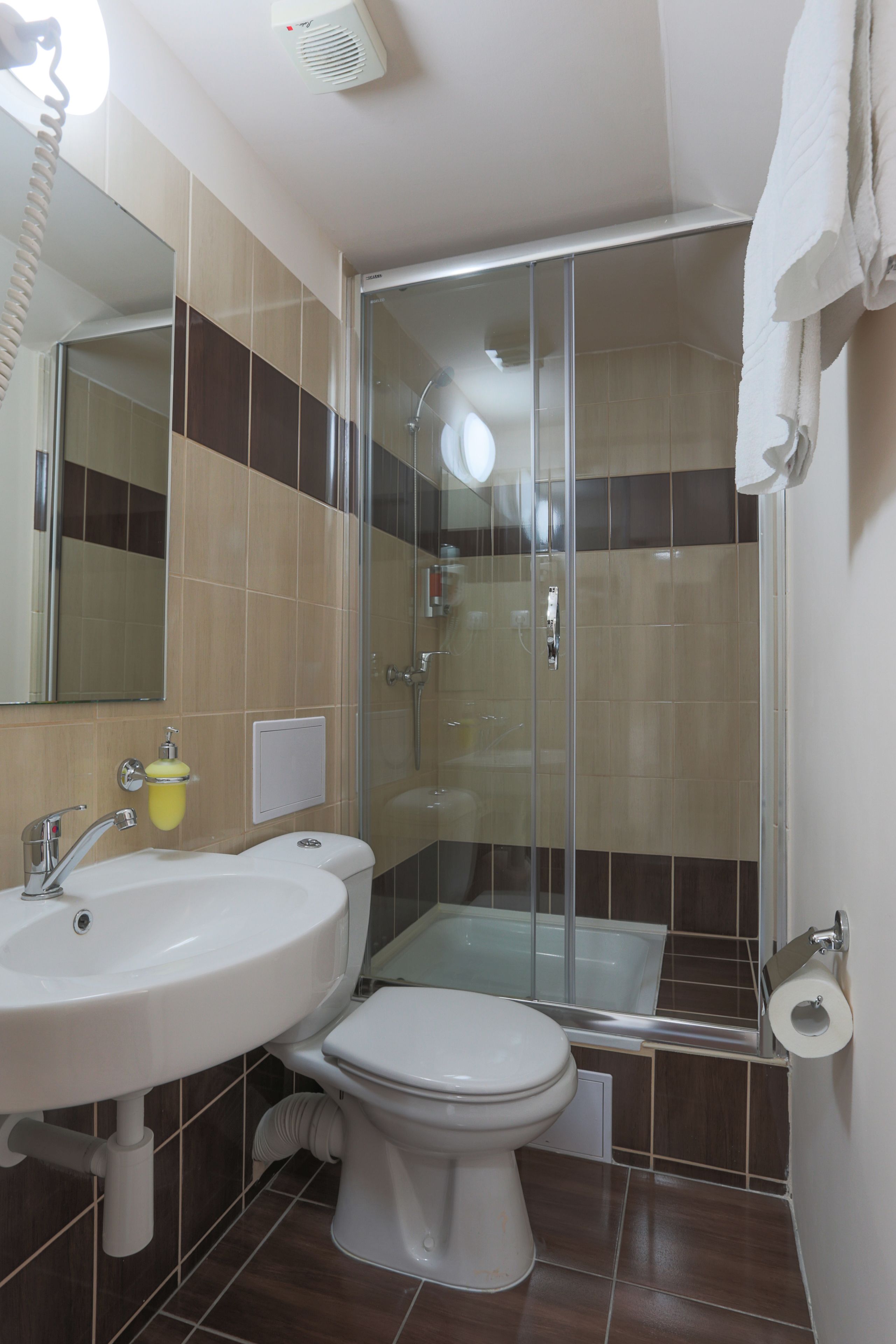 A bathroom with a glass-enclosed shower, a sink, and a toilet.