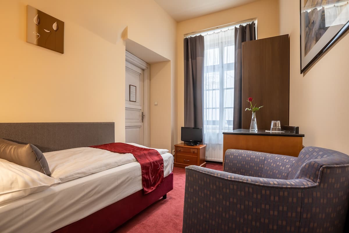 A hotel room with a bed, a TV, a desk with a vase, and a chair.