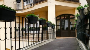 A narrow, covered walkway with black metal railings and potted plants. - Pension U Lilie (Prague)