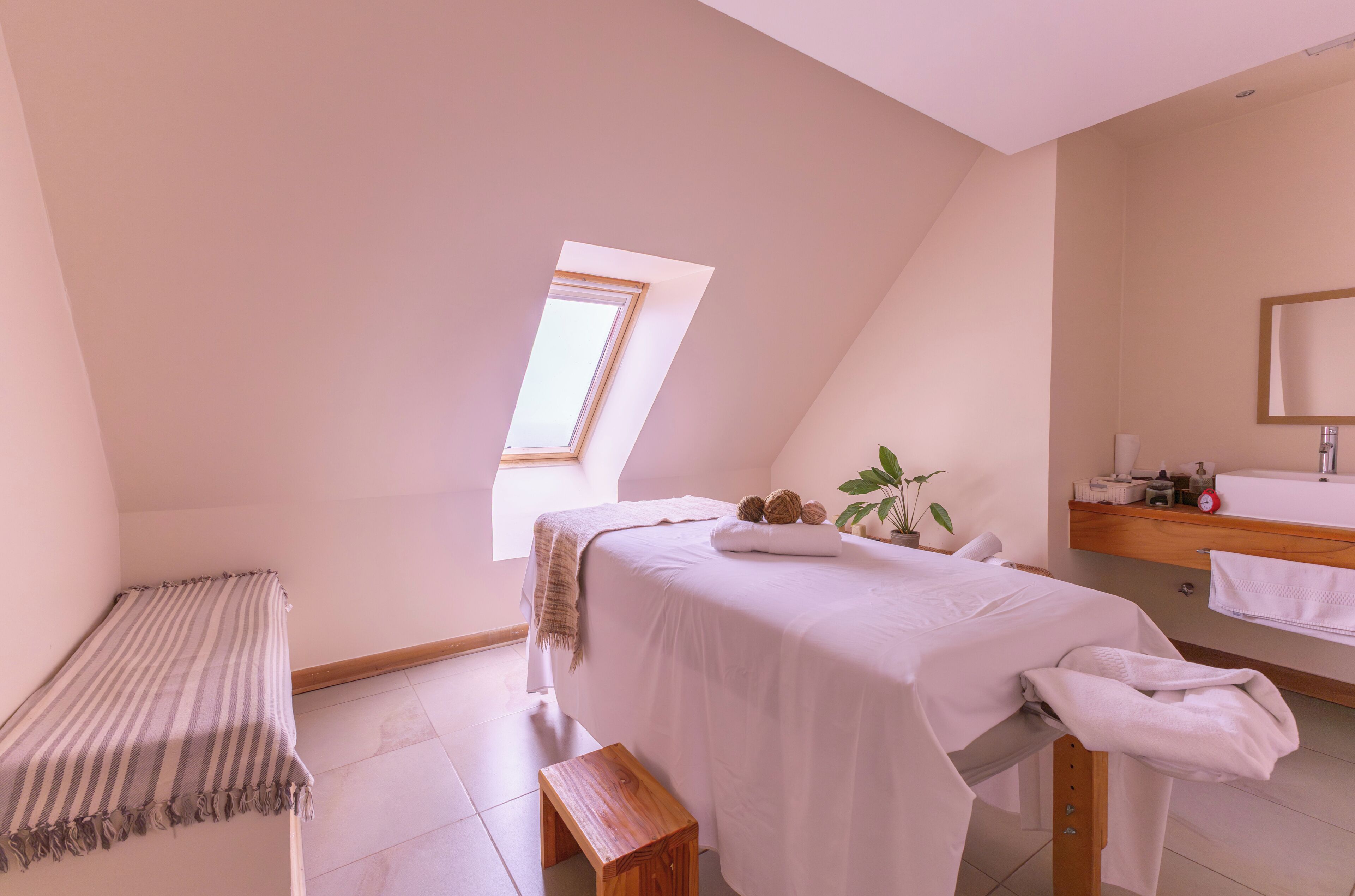 A room with a bed, a bench, a small table, a plant, and a bathroom with a mirror and sink.
