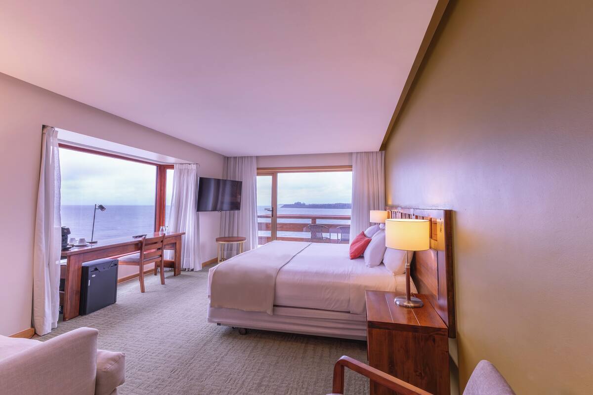 A hotel room with a bed, desk, chair, TV, and a view of the sea.