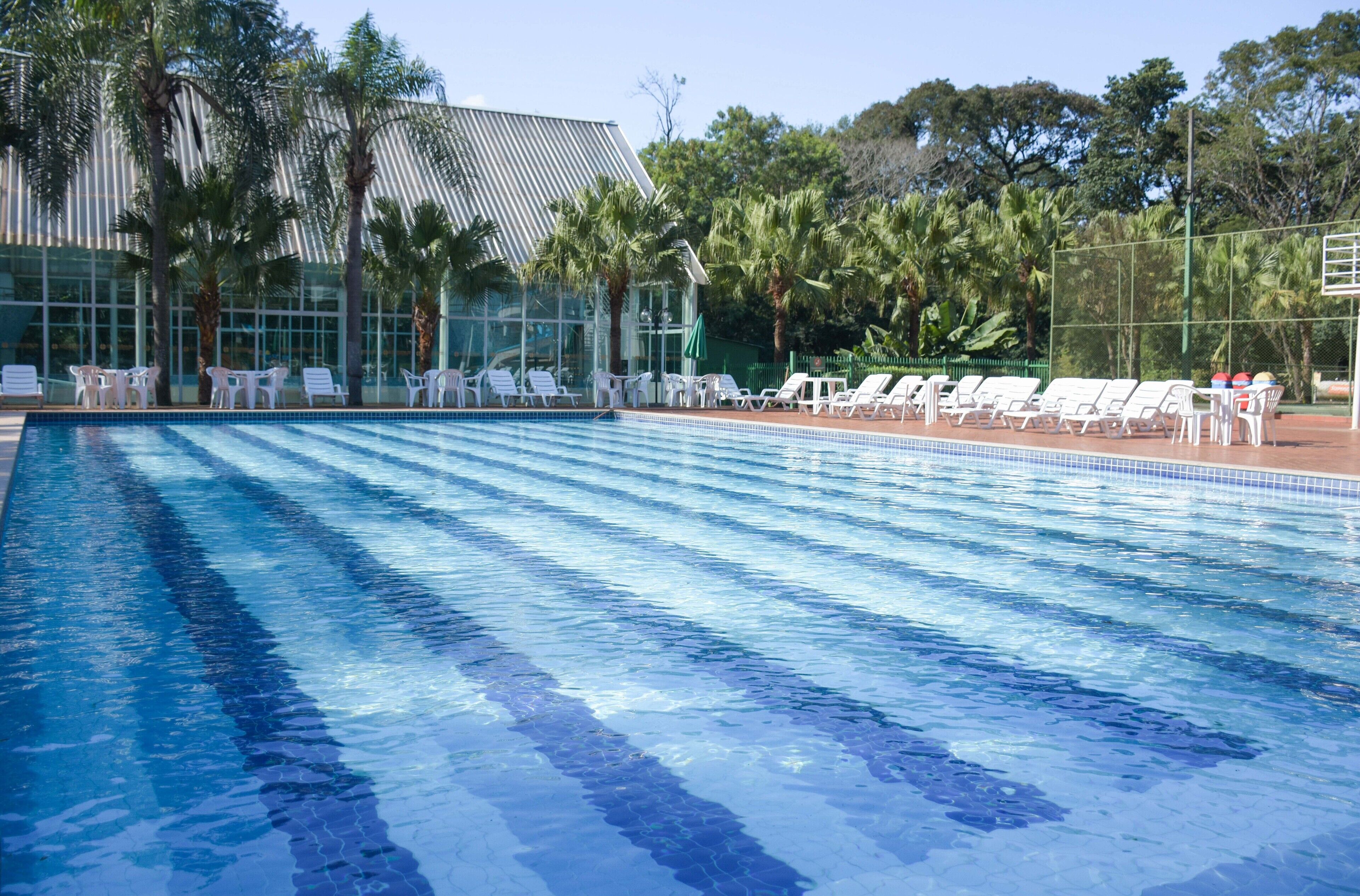 A swimming pool with clear blue water, surrounded by white lounge chairs and palm trees.