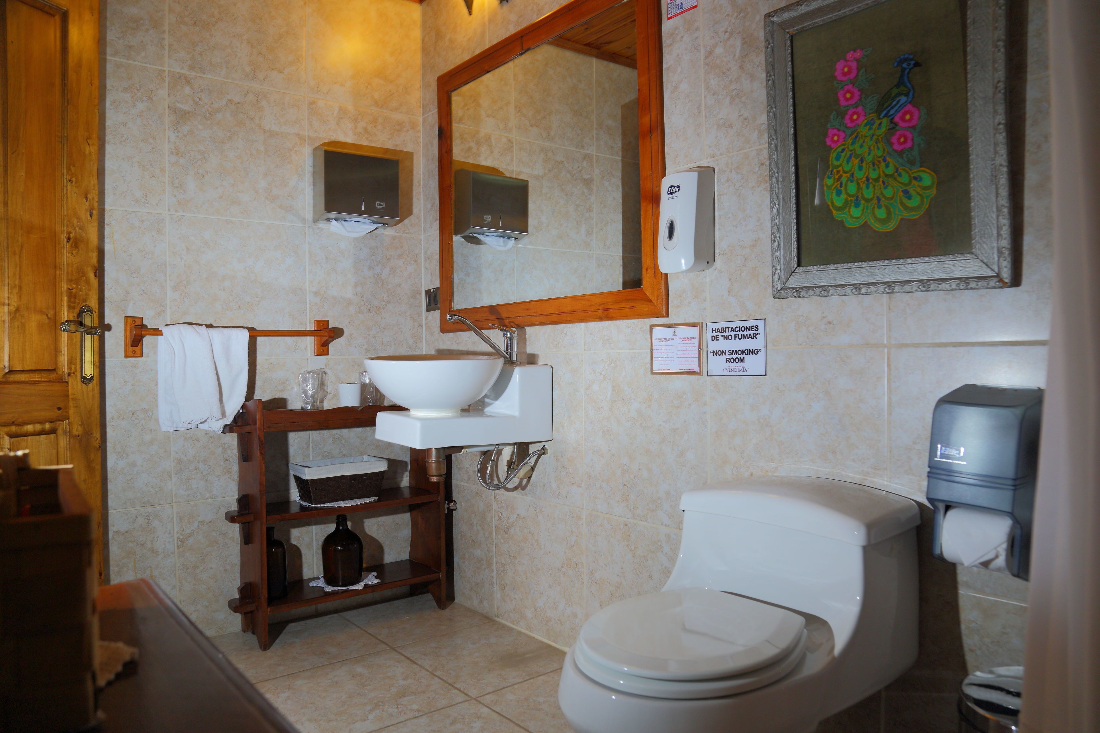 A bathroom with a wooden shelf, sink, mirror, toilet, and a framed picture on the wall.
