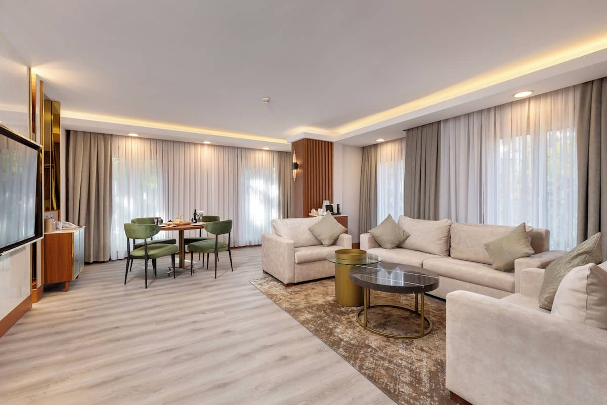 A modern living room with a sofa set, a dining table with chairs, and a flat-screen TV.