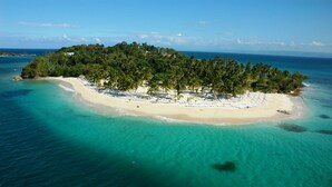 An aerial view of a tropical island with a beach, palm trees, and clear turquoise waters. -  Bannister Hotel &  Yacht Club (Samaná)
