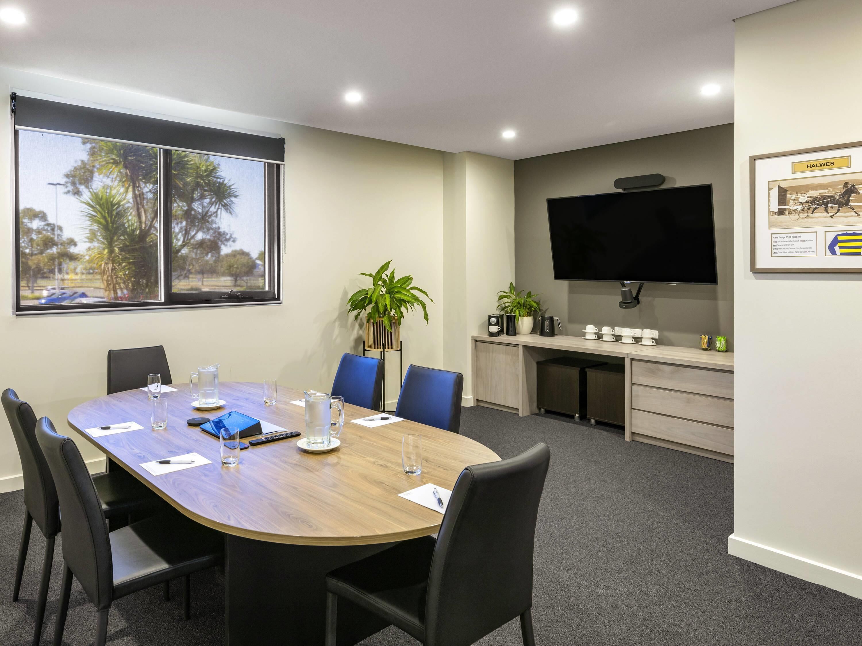 A conference room with a large table, chairs, a TV, and a window with a view of palm trees.