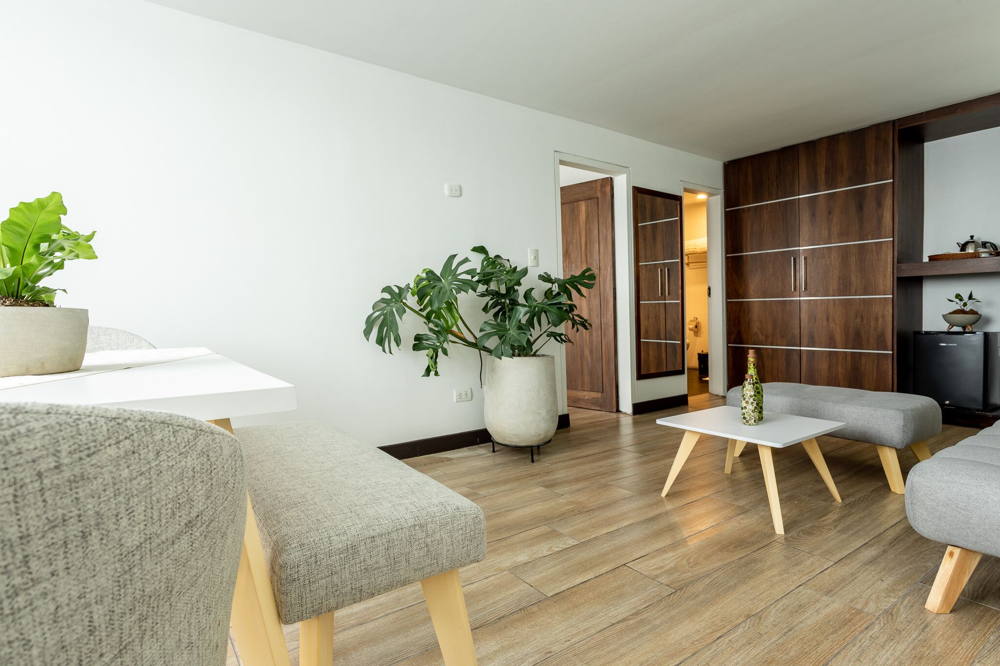 A modern living room with a white table, grey sofas, wooden flooring, and large potted plants.
