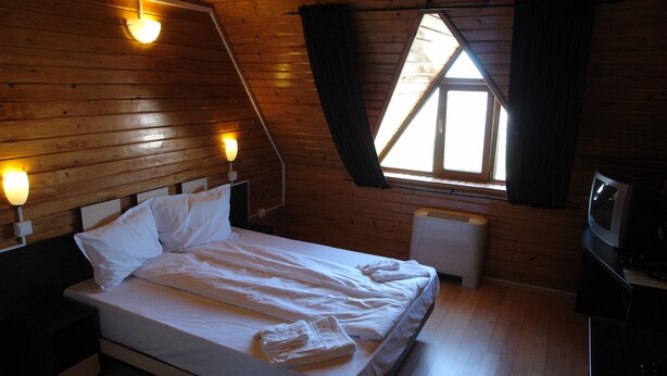 A room with a bed, a nightstand, a heater, a window with curtains, and a television. - Hotel Arion (Constanta)