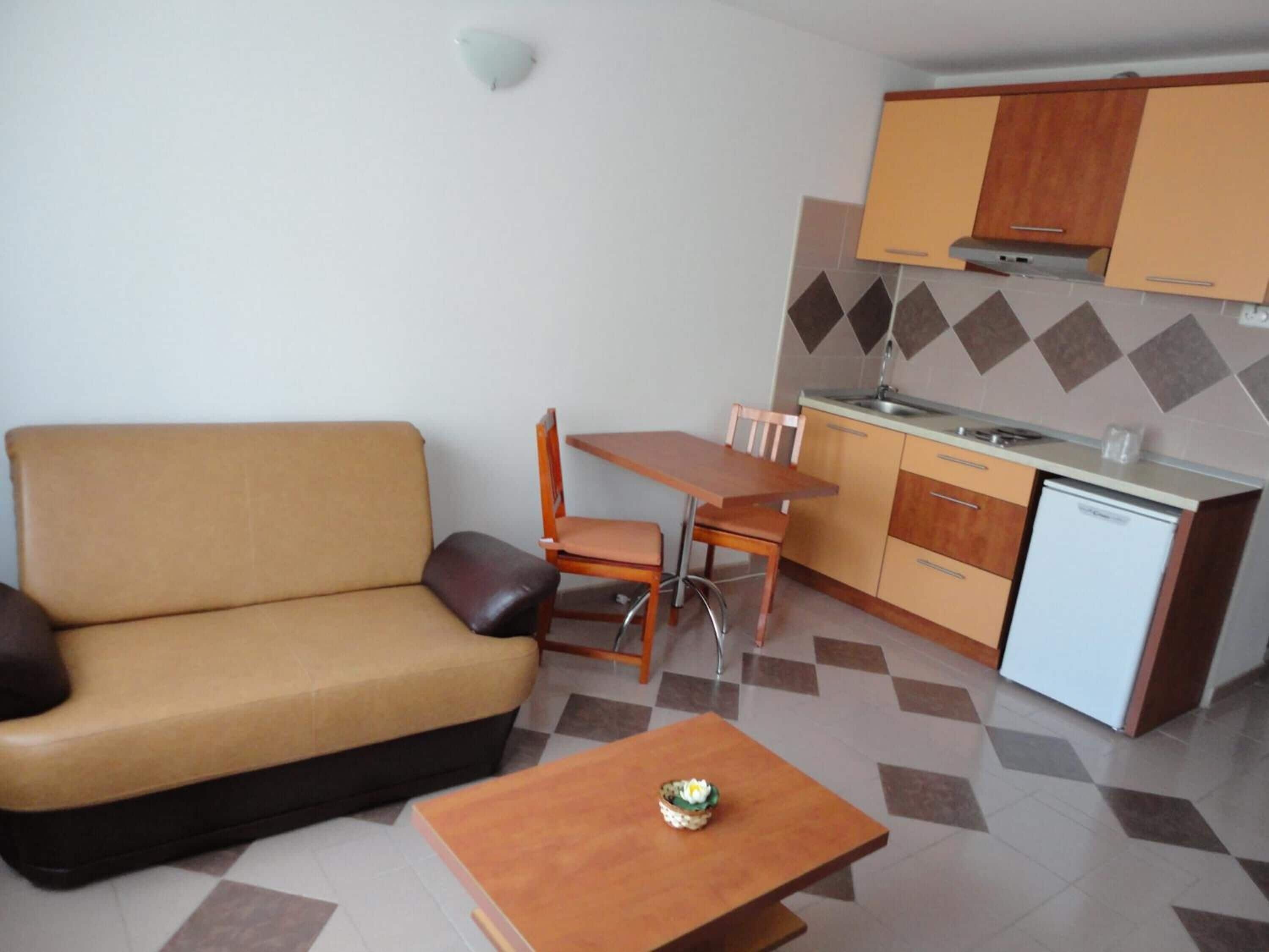 A compact living space with a sofa, a dining table, chairs, a small kitchen area, and a dishwasher.