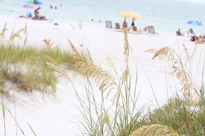 A beach with white sand and tall grass in the foreground.