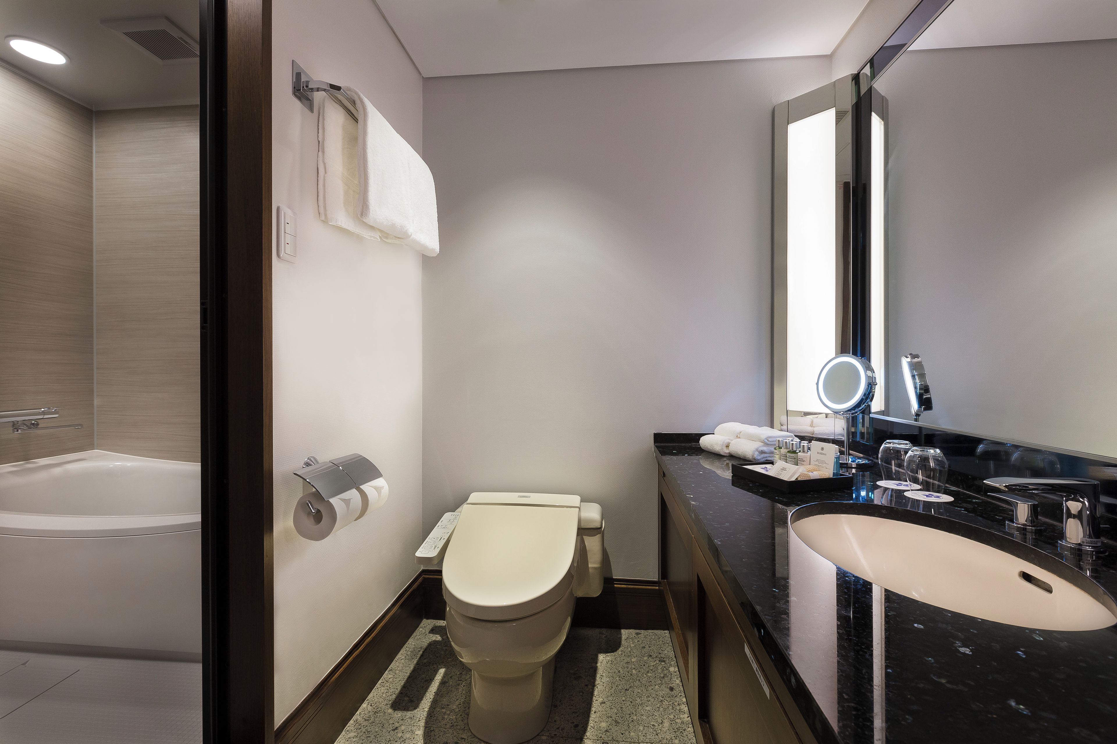 Un baño moderno con bañera, inodoro y tocador con espejo.
