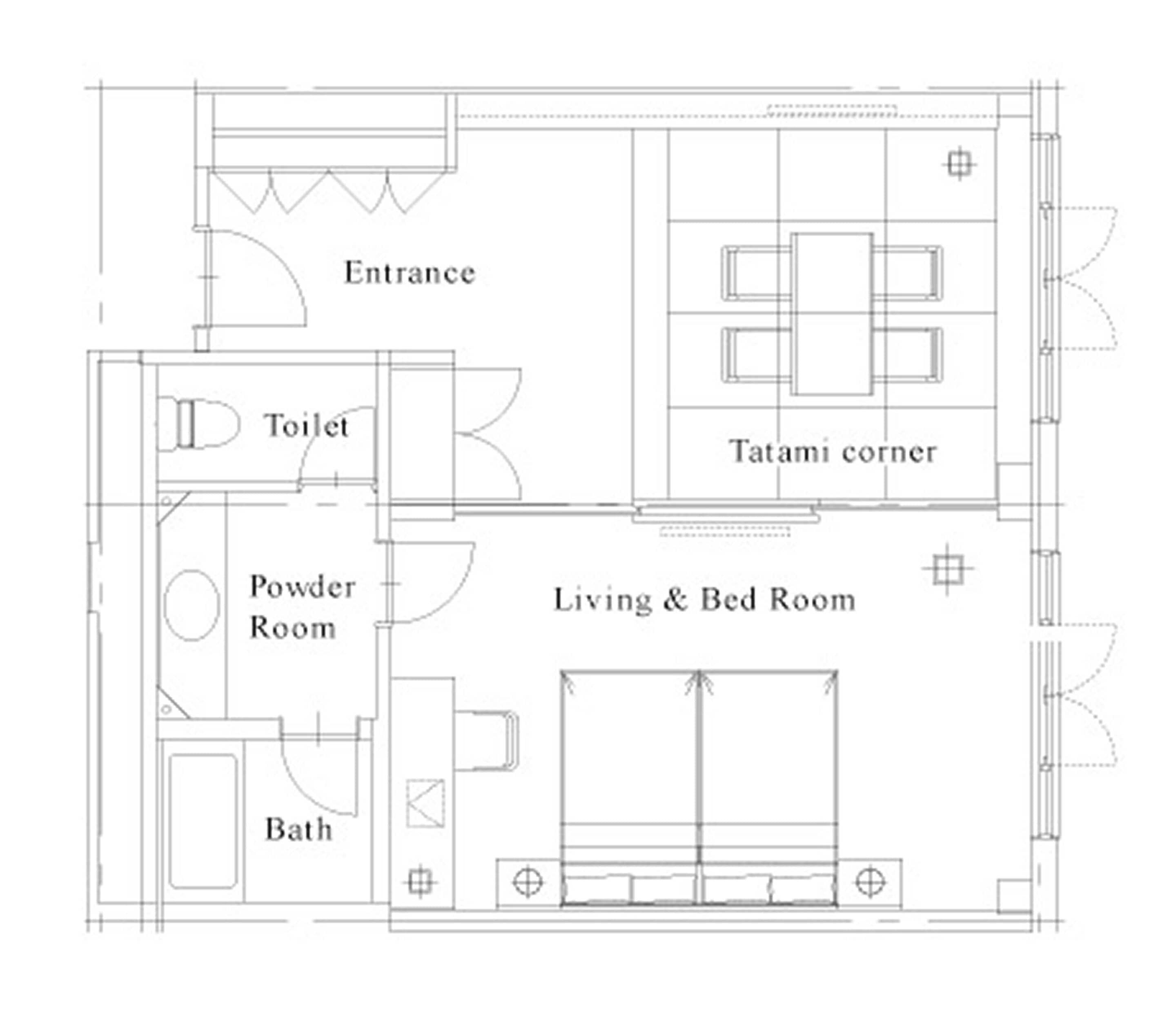 A floor plan with an entrance, toilet, powder room, bath, living & bed room, and tatami corner.