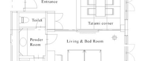 A floor plan with an entrance, toilet, powder room, bath, living & bed room, and tatami corner.