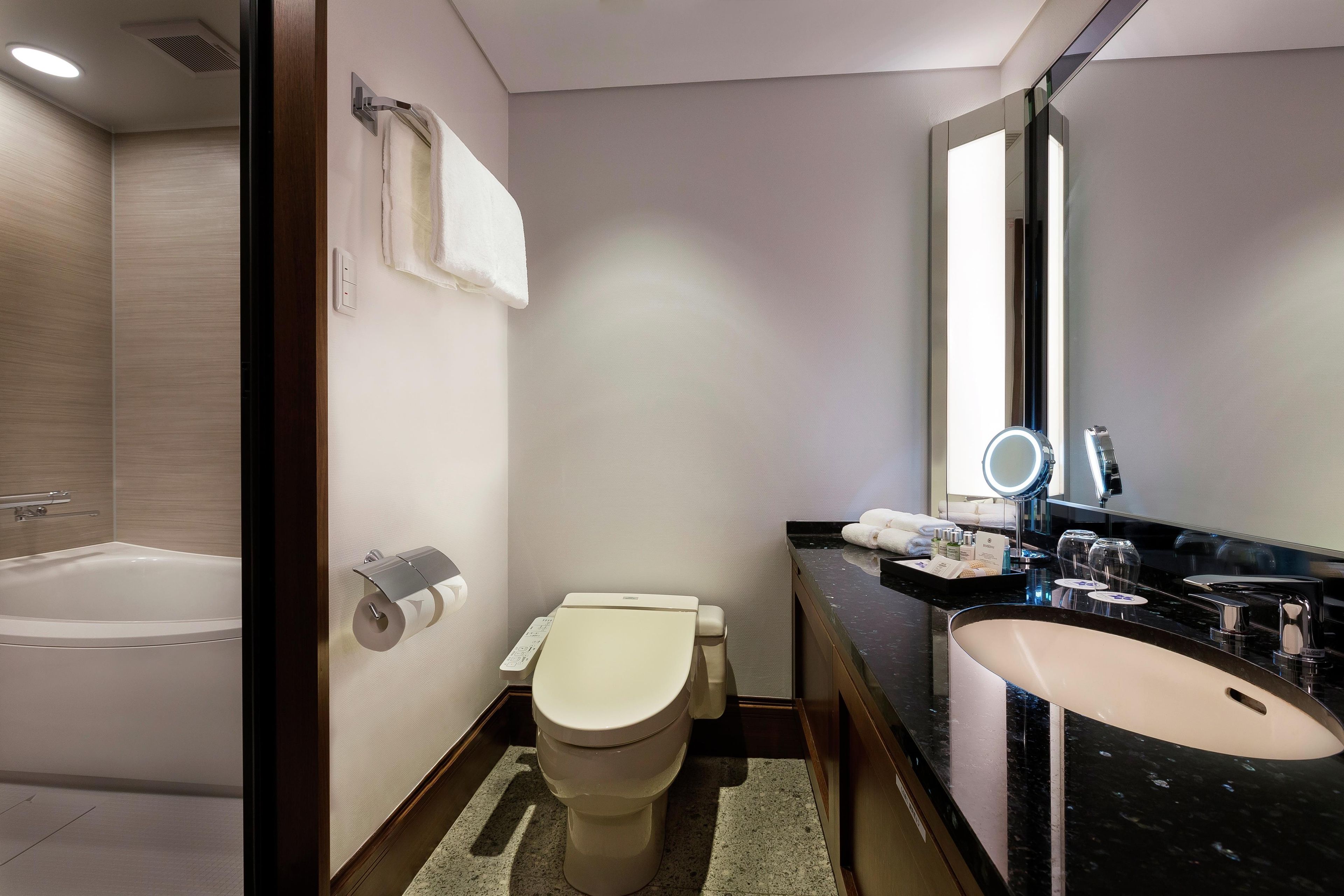 A modern bathroom with a bathtub, toilet, and vanity with a mirror.