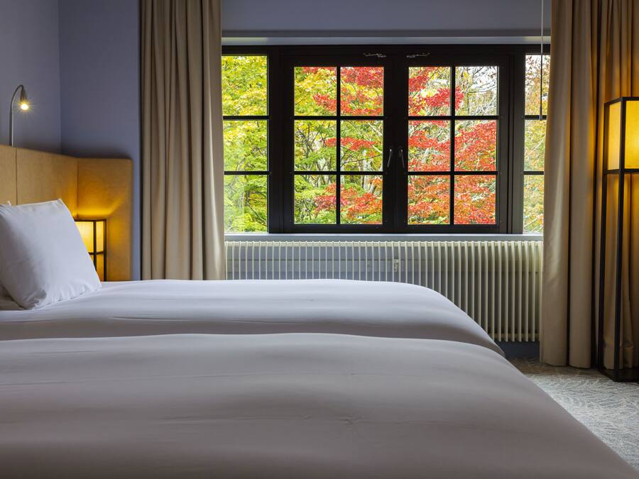 Ein Hotelzimmer mit einem großen Bett, einem Fenster mit Blick auf Herbstlaub, einem Heizkörper und einer Lampe.