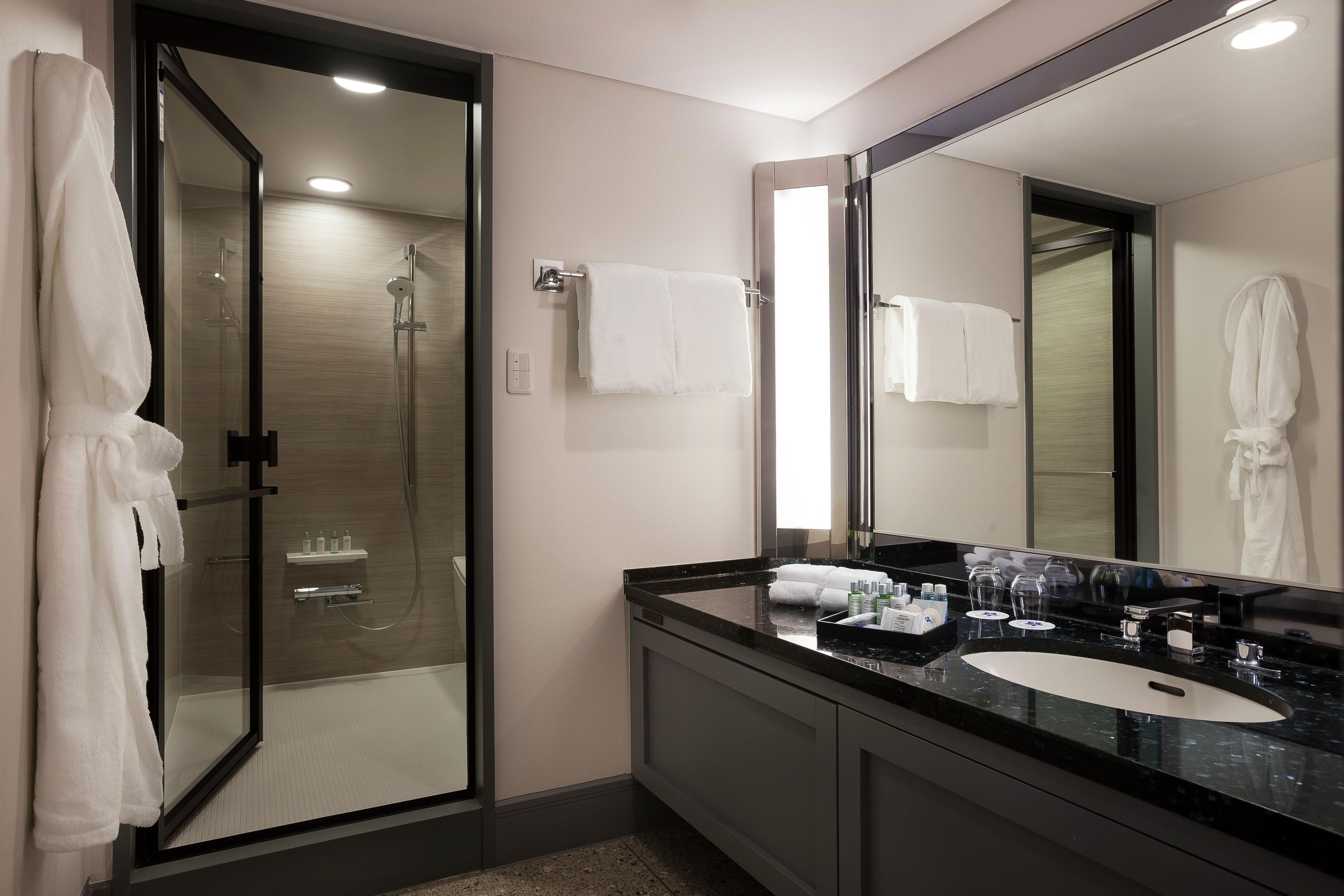Une salle de bain moderne avec une douche à parois de verre, un grand miroir et un plan de toilette noir sur lequel sont posés des articles de toilette.