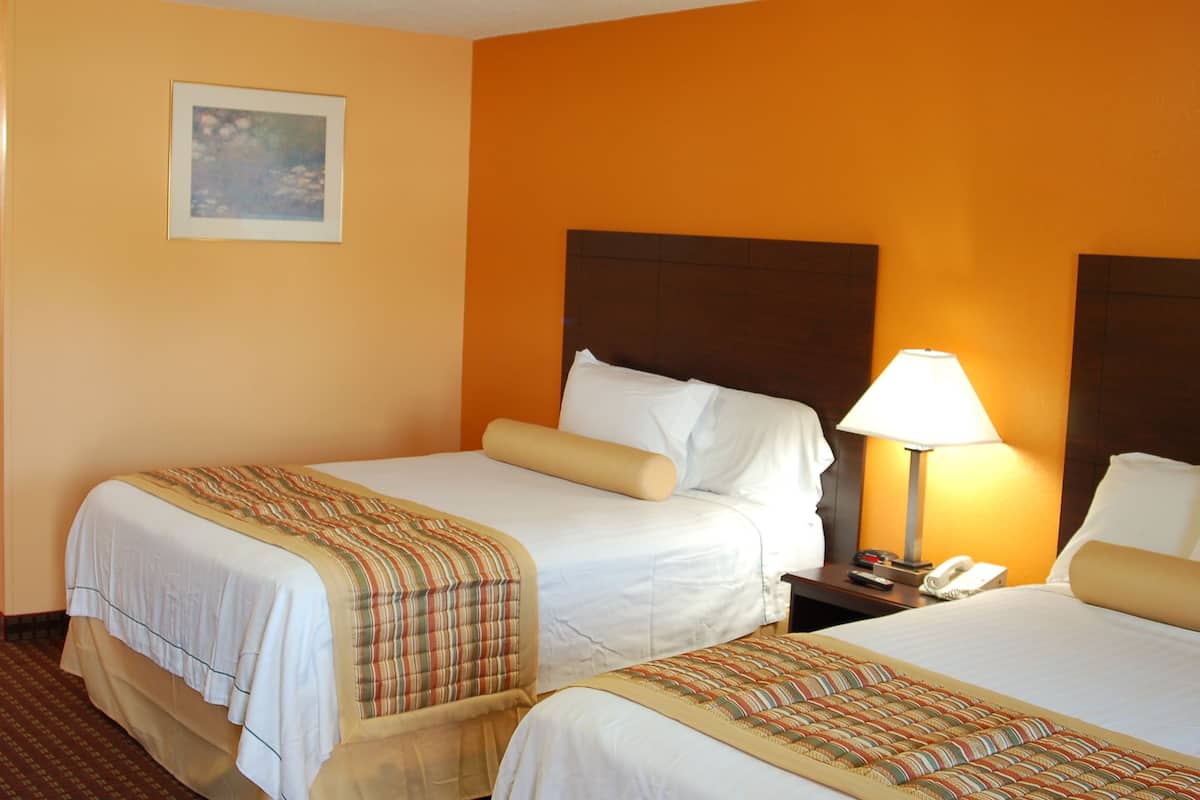 Une chambre d’hôtel avec deux lits, une table de chevet avec une lampe et un tableau encadré au mur.