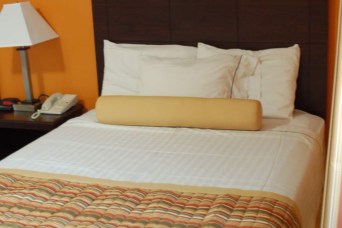 Une chambre d’hôtel avec un lit bien fait, un téléphone sur la table de chevet et une lampe sur une petite table à côté du lit.