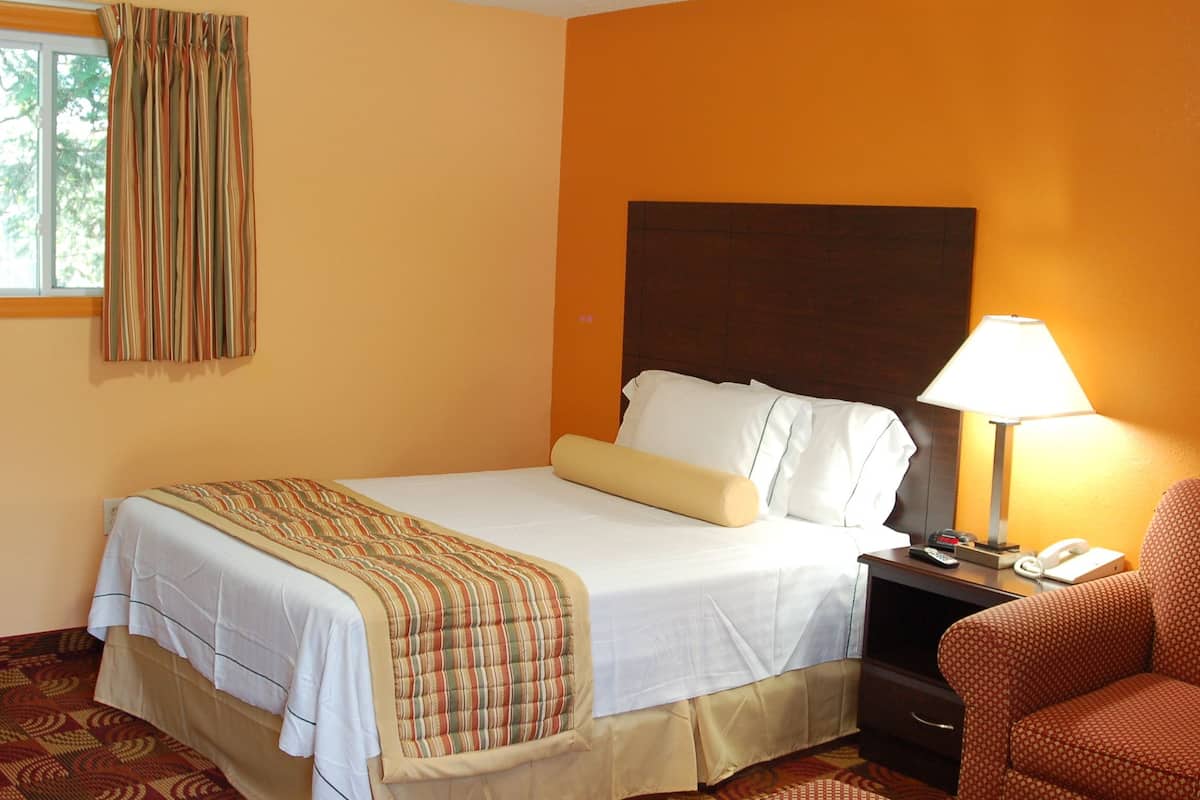 Une chambre d’hôtel avec un lit, une table de chevet, une lampe et une chaise.