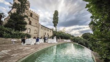 Piscina stagionale all'aperto, ombrelloni da piscina, lettini