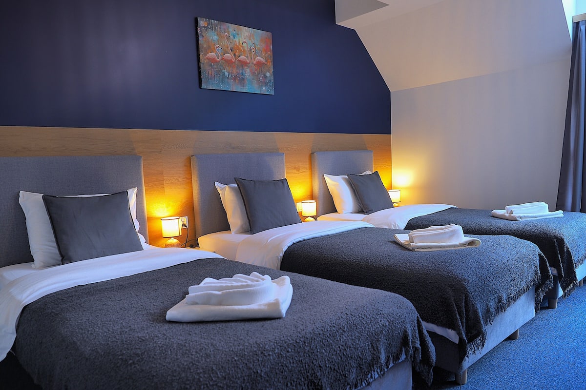 Desk, laptop workspace, free WiFi, bed sheets