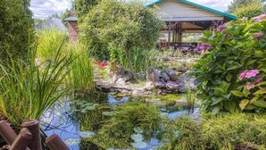 A garden with a pond, surrounded by various plants and a building with a green roof. - Dom Oliwski (Gdansk)