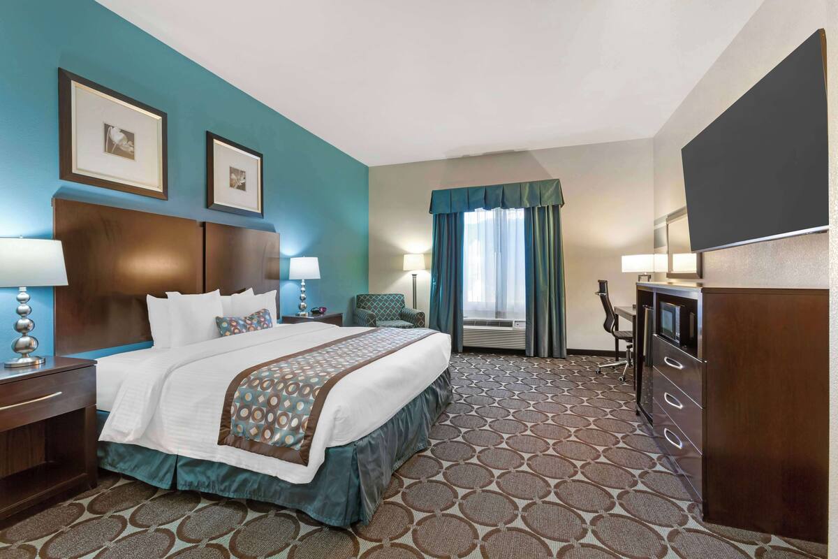A hotel room with a large bed, a desk, a chair, a TV, and a window with curtains.