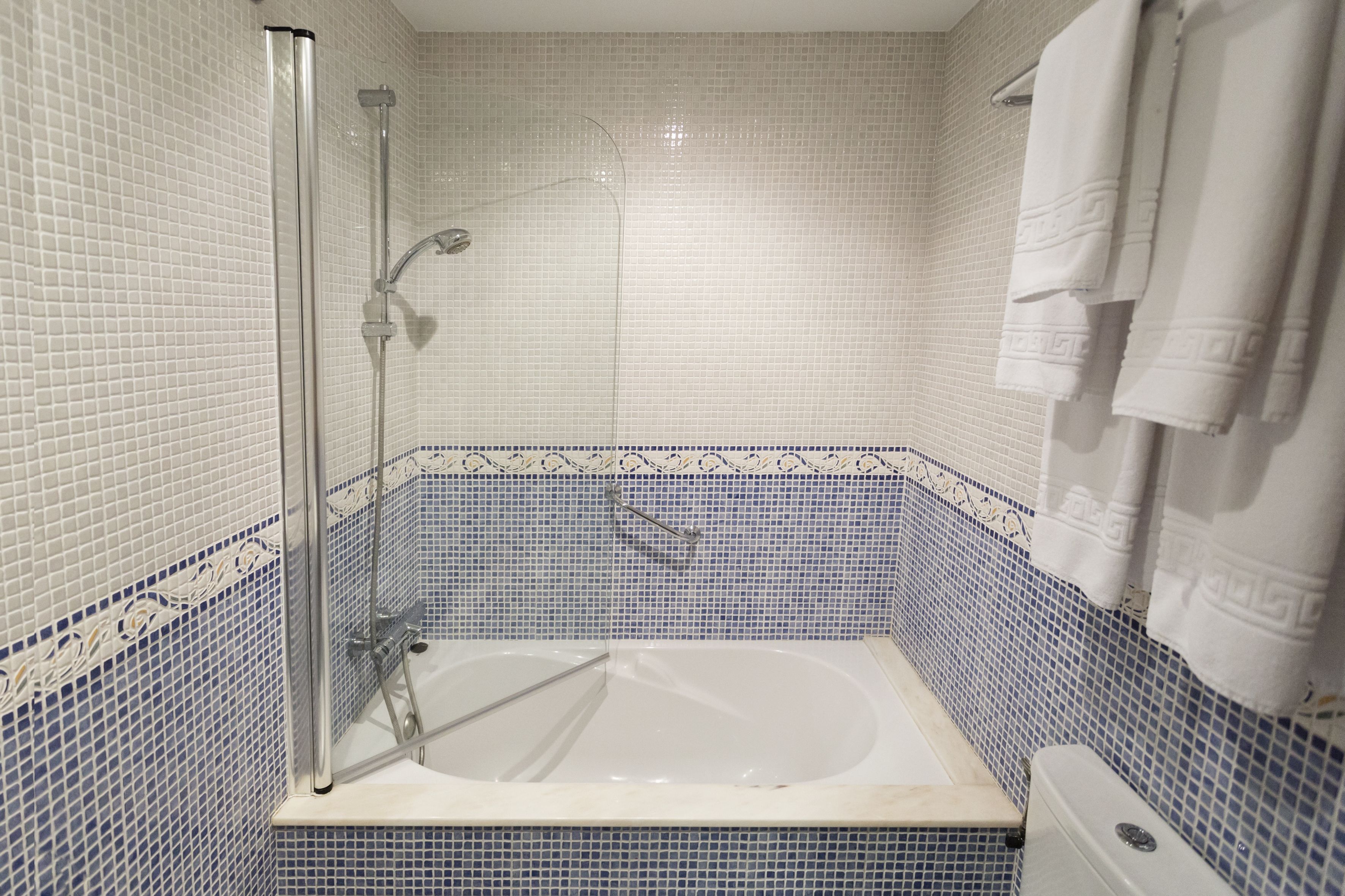 A bathroom with a glass-enclosed shower, a bathtub, and a toilet.