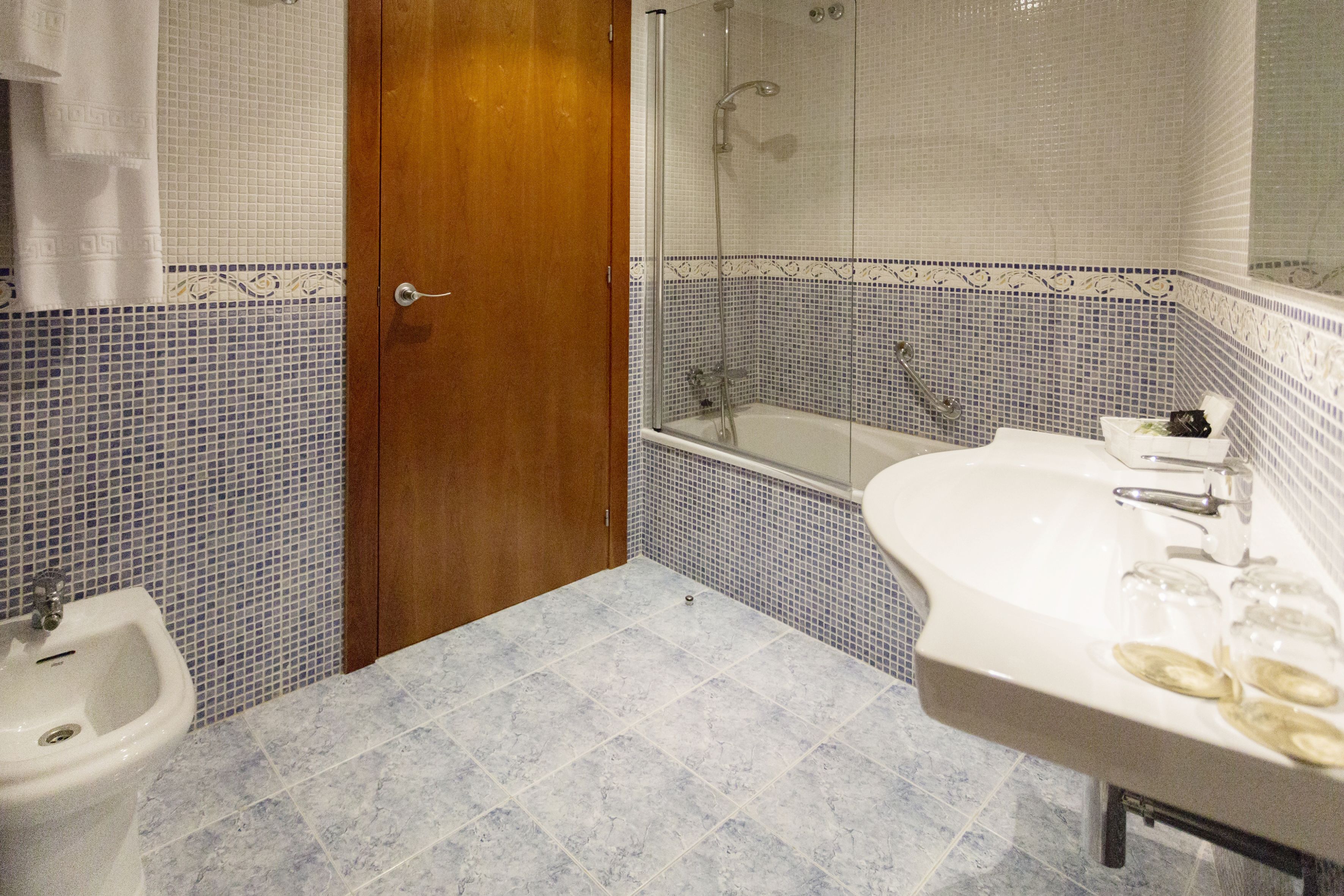 Un baño con ducha, lavabo y bidé.