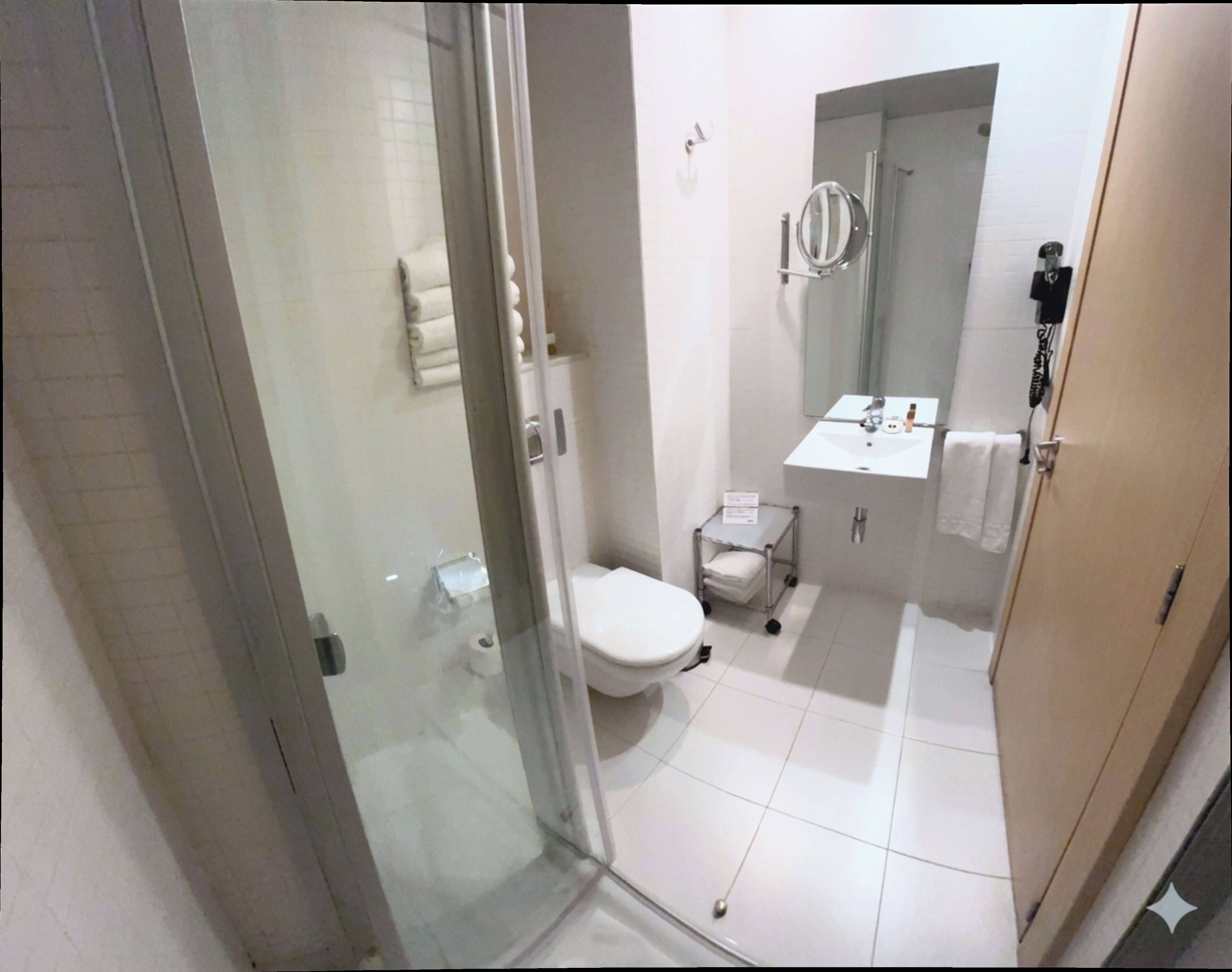 A modern bathroom with a glass shower enclosure, a toilet, a sink, and a mirror.