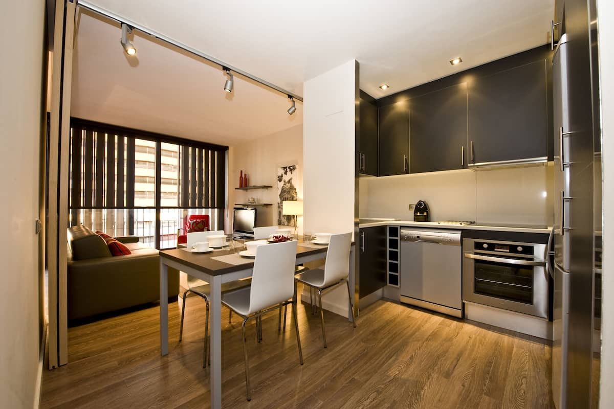 A modern kitchen with stainless steel appliances, a dining area with a table and chairs, and a sofa in the adjacent living area.