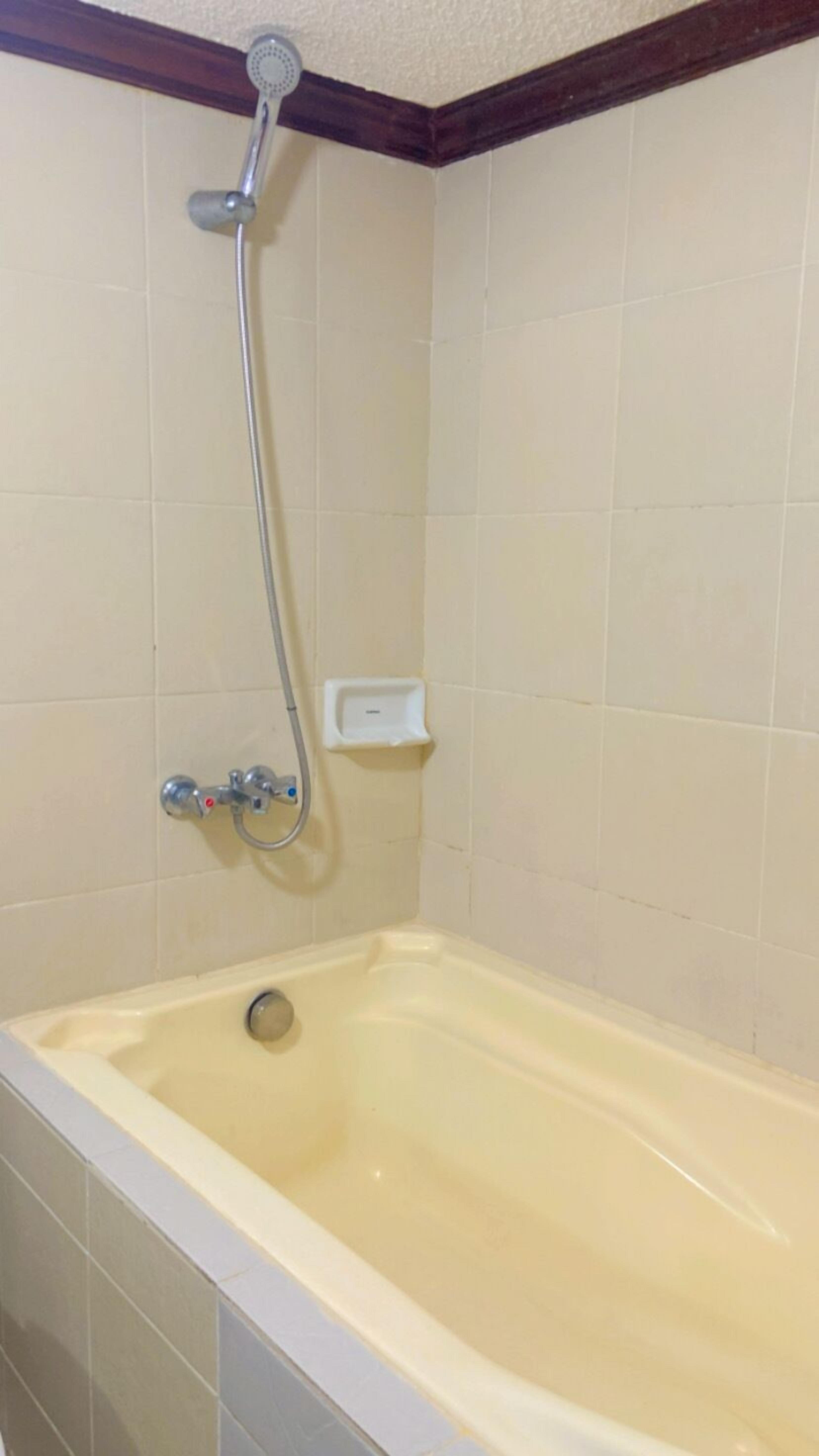 A bathroom with a bathtub, a shower, and a soap dish.