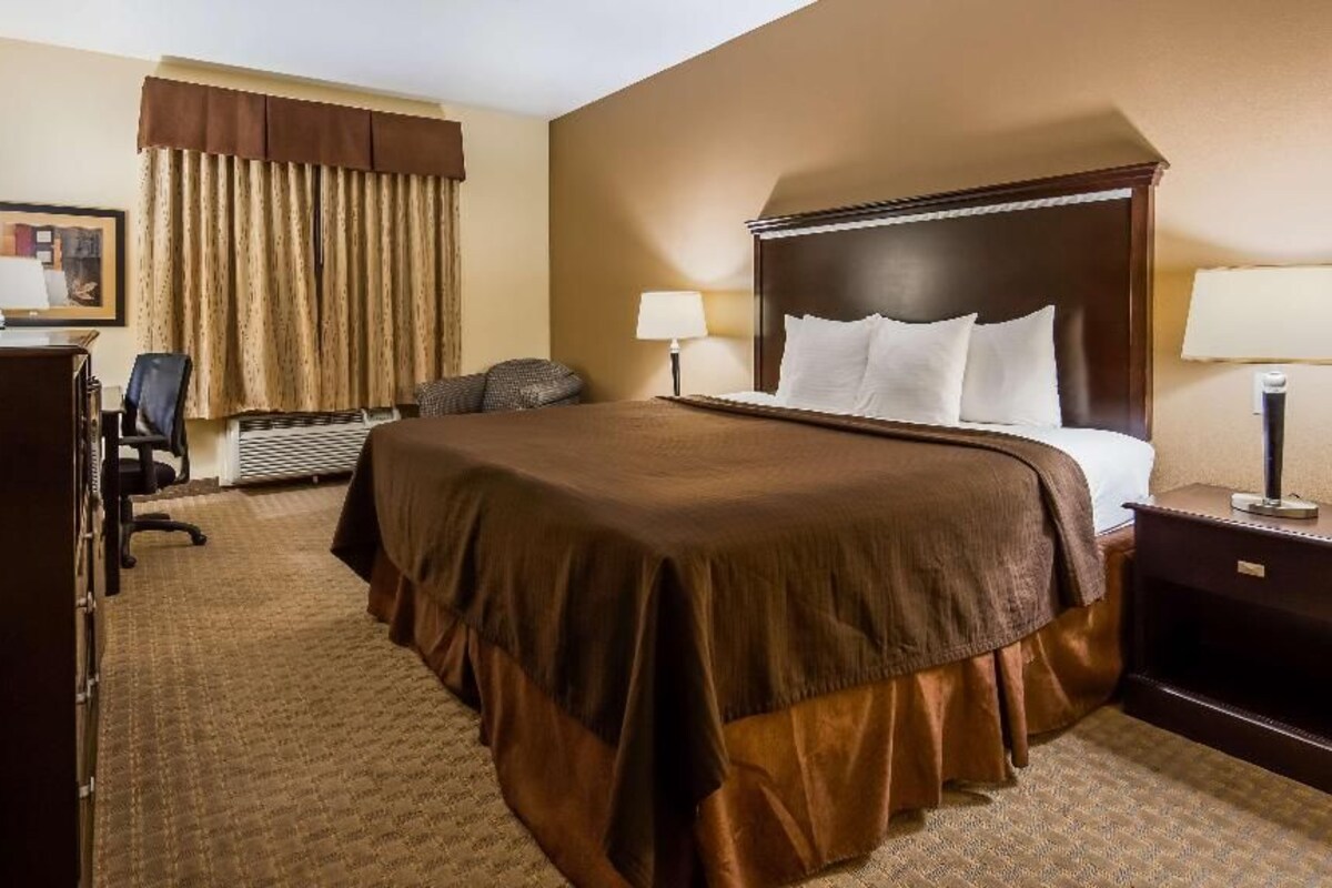 A hotel room with a large bed, two bedside tables, a desk with a chair, a television, and a window with curtains.
