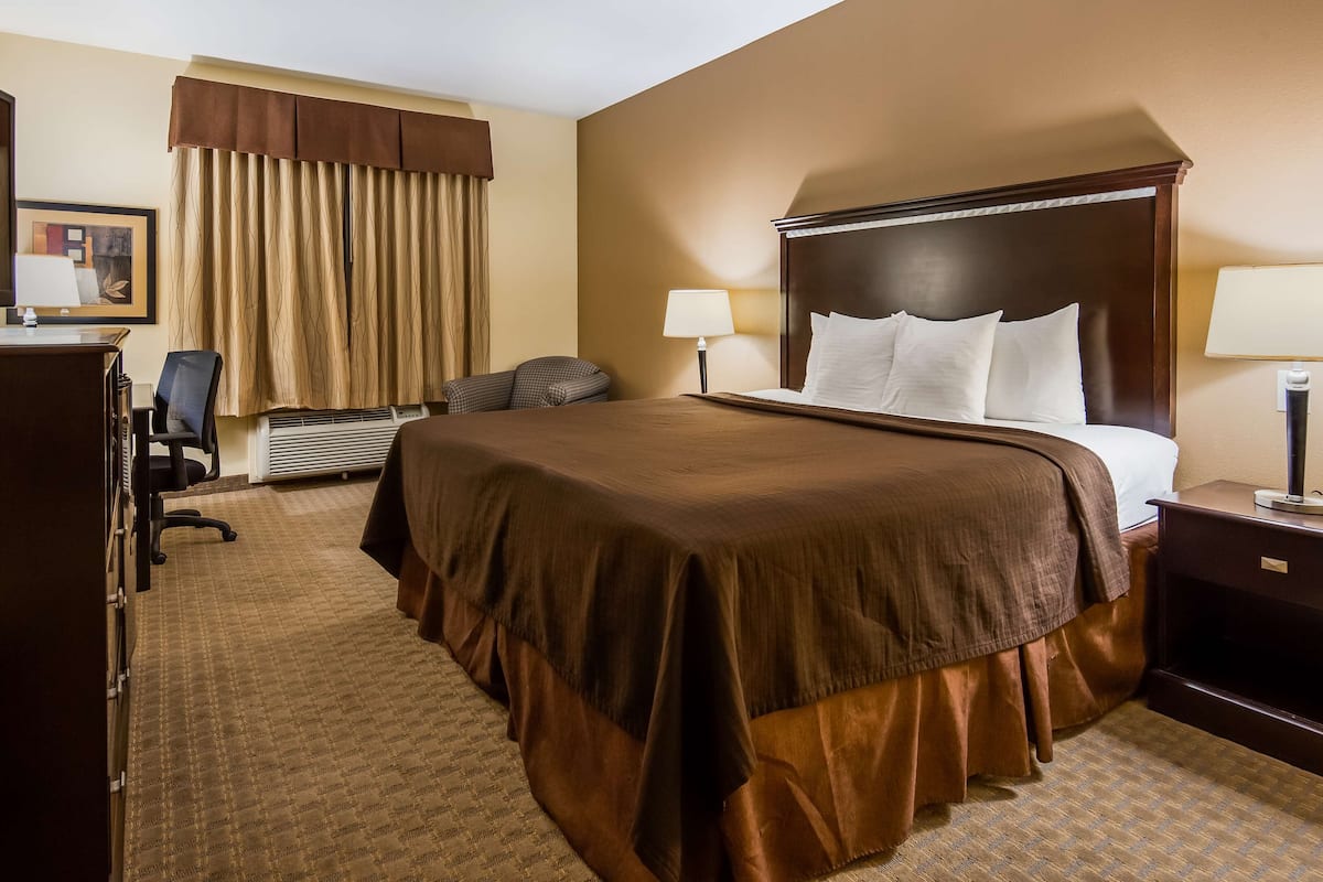 A hotel room with a large bed, a desk with a computer, a chair, a lamp, and a TV.